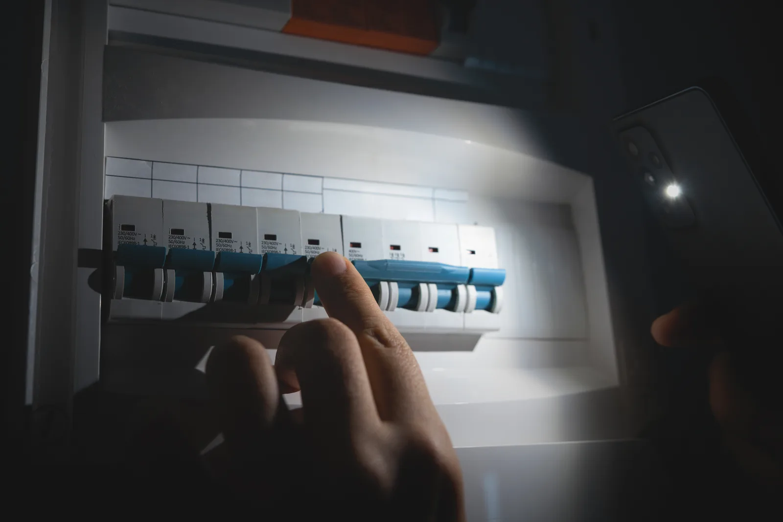 Checking a switchboard by torchlight during an electrical emergency